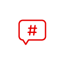 Rotes Piktogramm einer Sprechblase mit einem Hashtag-Symbol darin