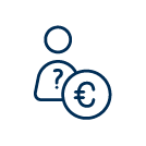 Blaues Piktogramm einer Person mit einem Fragezeichen und einem Euro-Symbol als Symbol für eine anonyme Spende.