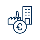 Blaues Piktogramm eines Fabrikgebäudes und eines Bürogebäudes mit einem Euro-Symbol als Symbol für eine Unternehmensspende.