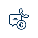 Blaues Piktogramm einer Sprechblase und eines Telefonhörers mit einem Euro-Symbol als Symbol für den Spendenservice