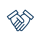 BBlaues Piktogramm zweier sich schüttelnder Hände als Symbol für eine Unternehmenskooperation.