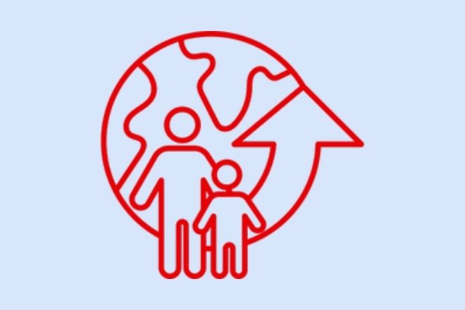 Hellblaues Bild mit Icon in rot zum Thema Flucht mit Weltkarte und Mencshen