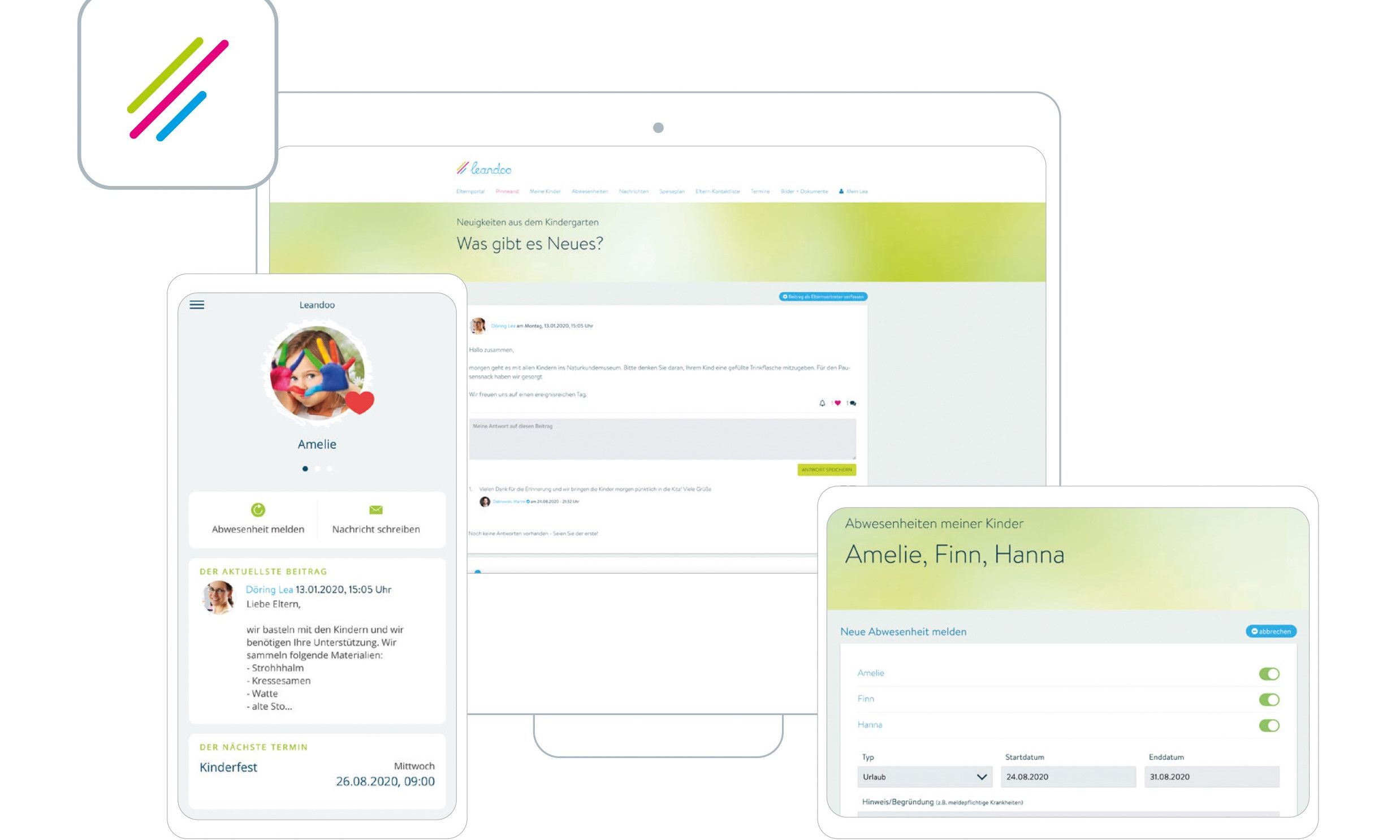 Drei Screenshot der Applikation Leandoo: Eine Smartphoneansicht, eine Desktopansicht des Dashboards und eine Ansicht des Profils.