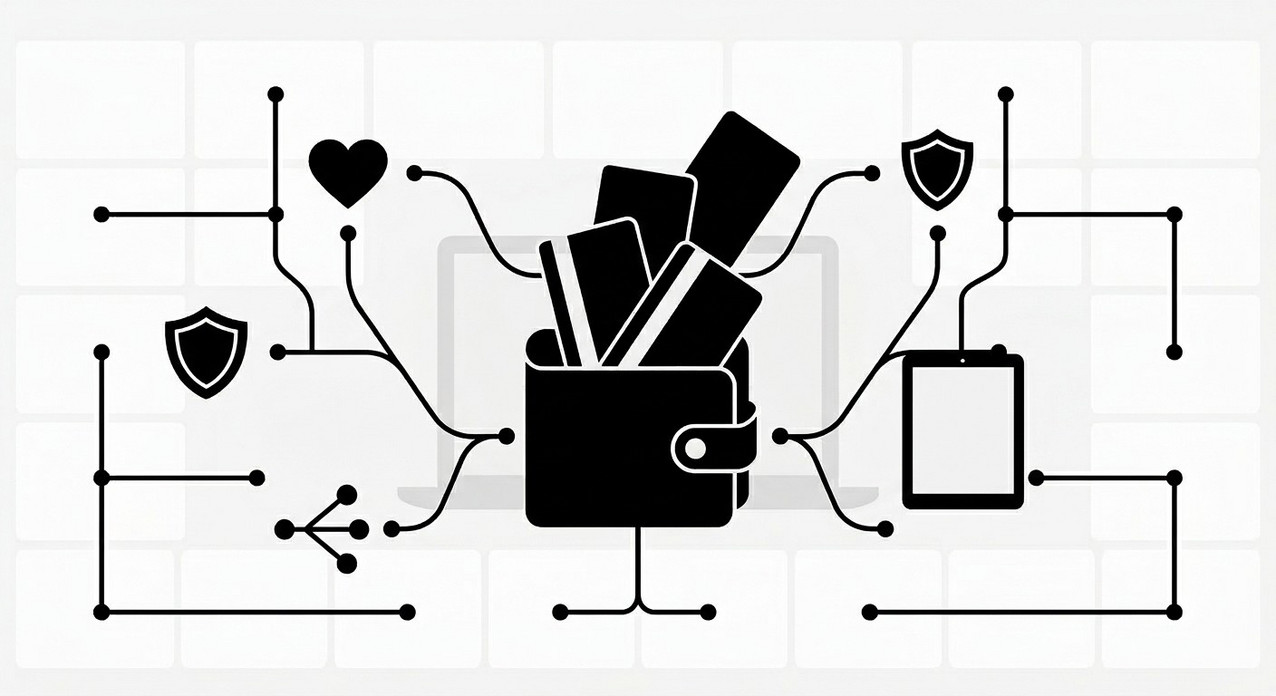 Schwarz-weiße Grafik einer Brieftasche mit Karten, verbunden mit Symbolen für Herz, Schutzschild und Tablet durch Linien