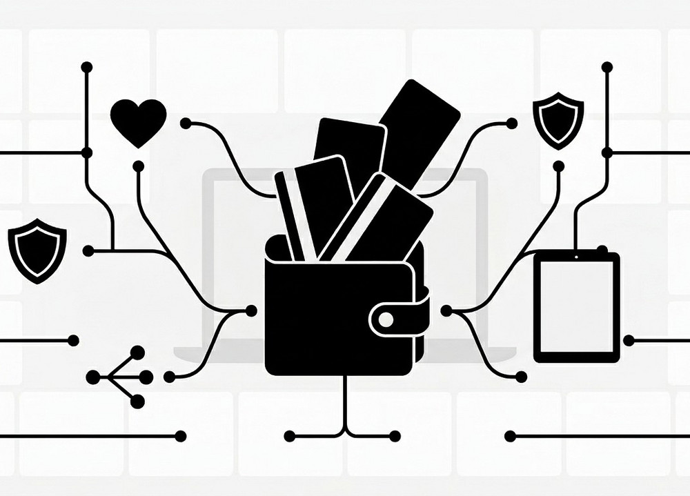 Schwarz-weiße Grafik einer Brieftasche mit Karten, verbunden mit Symbolen für Herz, Schutzschild und Tablet durch Linien