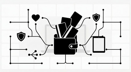 Schwarz-weiße Grafik einer Brieftasche mit Karten, verbunden mit Symbolen für Herz, Schutzschild und Tablet durch Linien