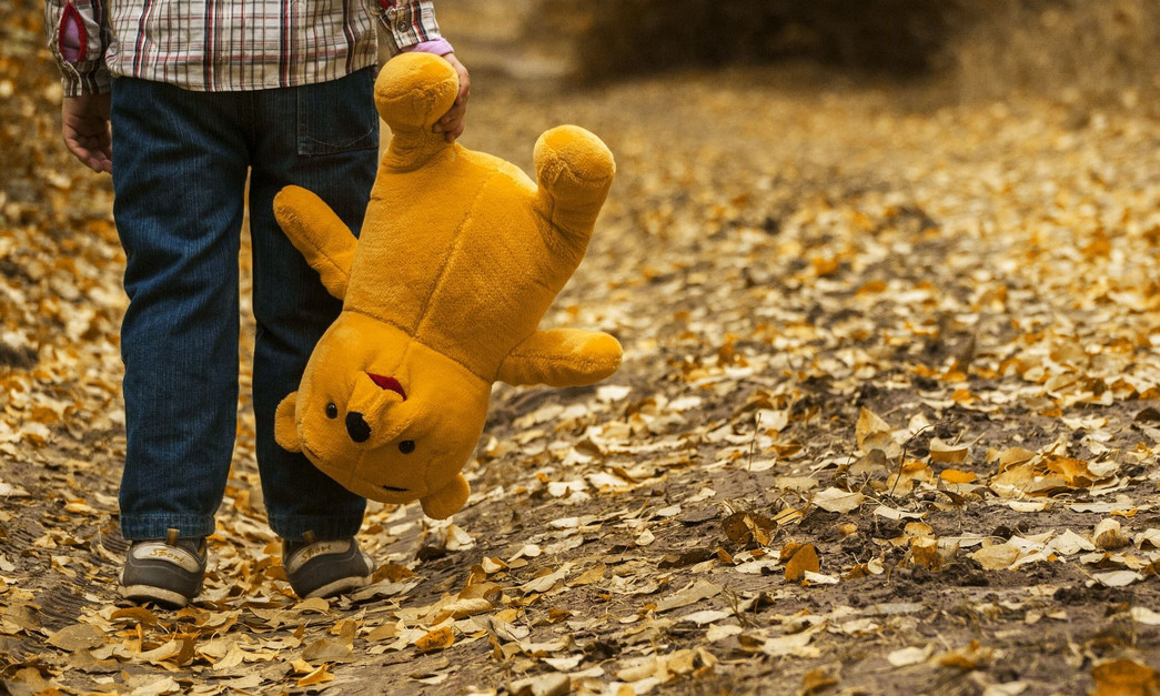 Kind geht mit Teddy durch Herbstlaub