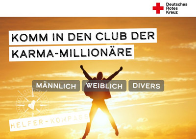 Werbebild für den Helferkompass, auf dem steht: "Komm in den Club der Karma-Millionäre. Weiblich - Männlich - Divers".