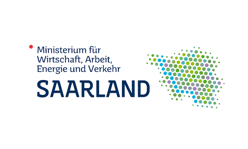 Rechts im Bild steht neben einem roten Punkt Ministerium für Wirtschaft, Arbeit, Energie und Verkehr und darunter groß Saarland. Daneben ist aus einzelnen grünen, lila und blauen Punkten der Umriss des Saarlands abgebildet.