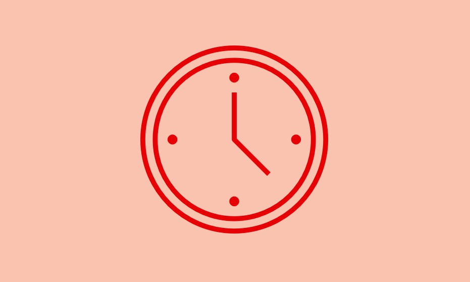 Auf lachsfarbenem Hintergrund ist ein rotes Icon abgebildet, das eine Uhr zeigt.
