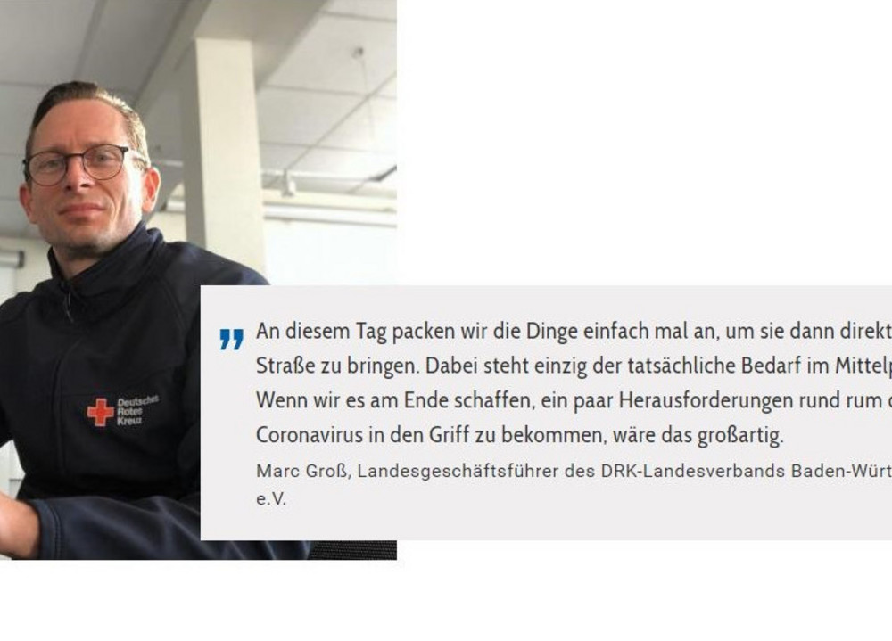 Links Marc in DRK-Jacke und rechts ein Zitat von ihm zur Veranstaltung.