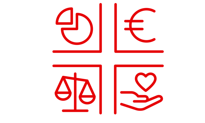 ein Eurozeichen, Hand mit Herz, Waage und ein Kreisdiagramm
