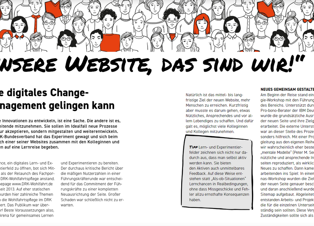 Illustration einer Menschenmenge mit einigen rot gekleideten Personen und dem Schriftzug 'Unsere Website, das sind wir!' sowie Text zu digitalem Change-Management.