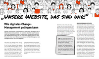 Illustration einer Menschenmenge mit einigen rot gekleideten Personen und dem Schriftzug 'Unsere Website, das sind wir!' sowie Text zu digitalem Change-Management.