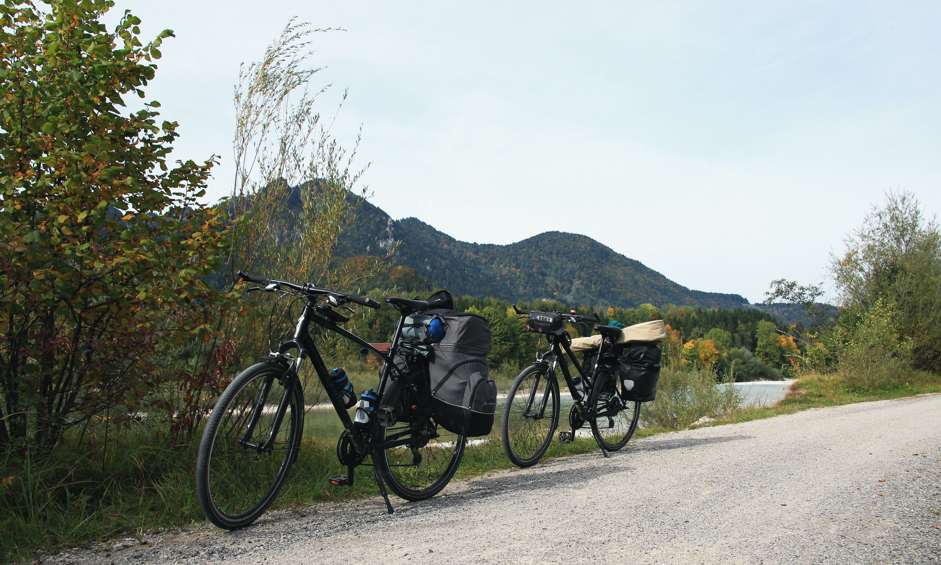 Zwei Fahrräder mit Reisetaschen stehen am Straßenrand vor grüner Natur.