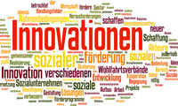 Wortwolke mit Begriffen wie 'Innovationen', 'sozialer', 'Förderung', 'sozialen', 'Innovation', 'Wohlfahrtsverbände' und weiteren Schlagwörtern zur sozialen Innovation.