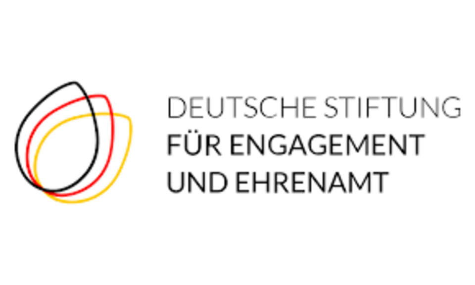 Rechts ist der Name Deutsche Stiftung für Engagement und Ehrenamt zu sehen. Links sind drei Linien in Form von Blütenblättern in schwarz, rot und gelb.