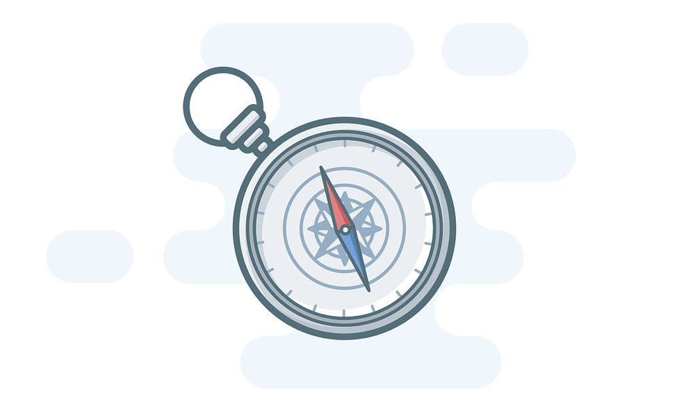 Ein gezeichneter Kompass mit einer rot-blauen Nadel.