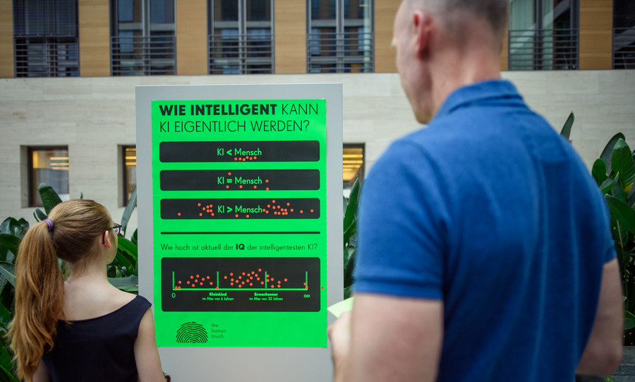 Eine Frau und ein Mann stehen vor einem Plakat, auf dem die Frage steht "Wie intelligent kann KI eigentlich werden?" Darunter sind Skalen zur Abstimmung.