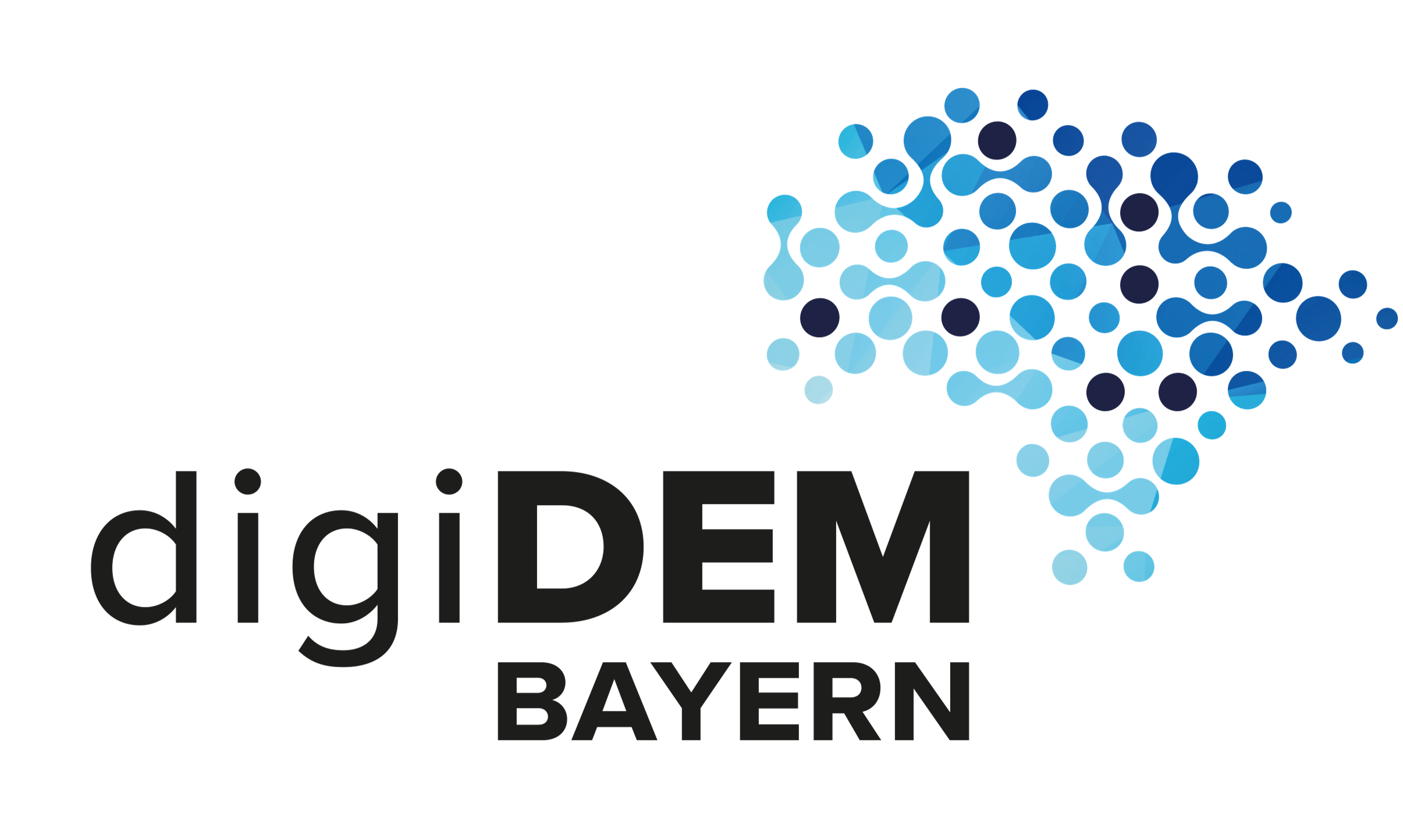 Logo von "digiDEM Bayern", neben dem Namen ist eine blaue Wolke aus Kreisen.