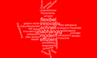 Eine Wortwolke auf rotem Hintergrund. Wörter wie flexibel, innovativ, schnell, unabhängig usw. stehen symbolisch für das vorgestellte Programm und sie bilden gemeinsam ein Kreuz.