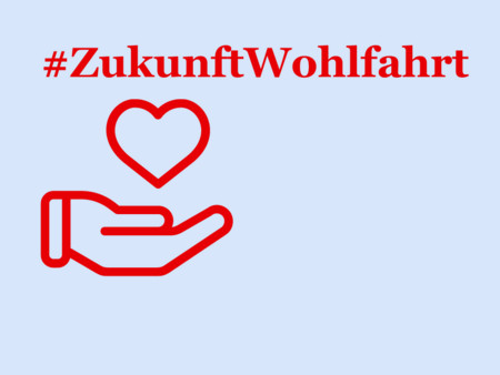 Schwarz-weißes Piktogramm einer Hand mit einem Herz darüber und rotem Text '#ZukunftWohlfahrt' darüber auf hellblauem Hintergrund.