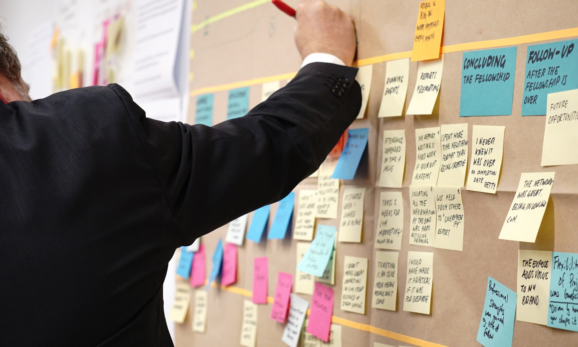 Männliche Person mit Stift beschriftet Post-Its, die an einer Pinnwand angebracht sind.