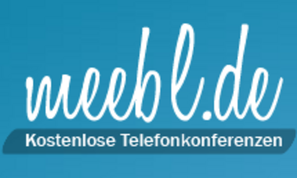 Logo von Meebl in weißer Schreibschrift auf blaum Grund