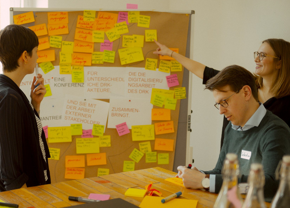Drei Personen stehen vor einem großen Plakat voller Post-its zum Thema Digitalisierung.