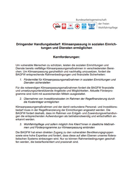 Vorschau des Forderungspapiers der BAGFW zur Klimaanpassungen in sozialen Einrichtungen und Diensten