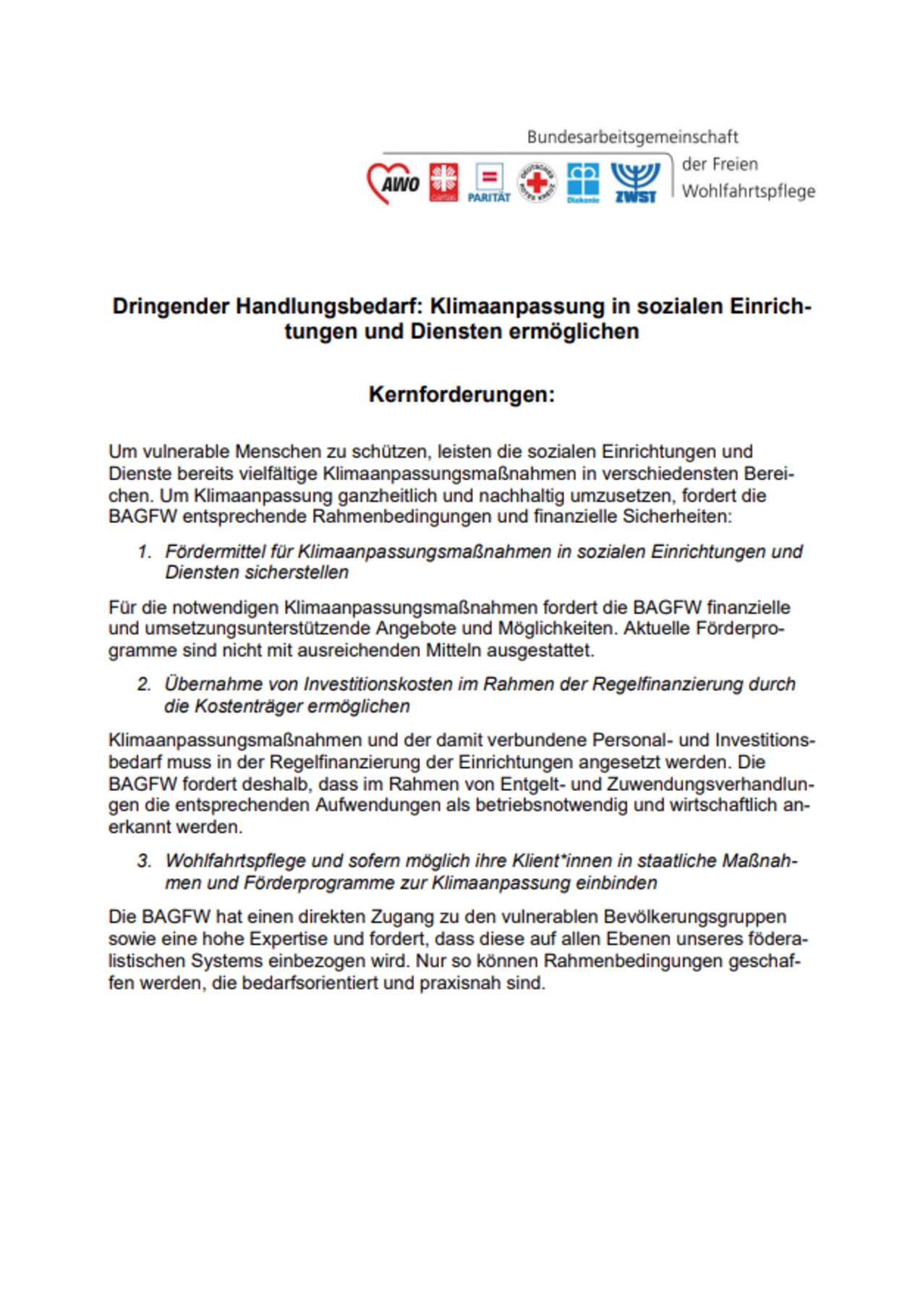 Vorschau des Forderungspapiers der BAGFW zur Klimaanpassungen in sozialen Einrichtungen und Diensten