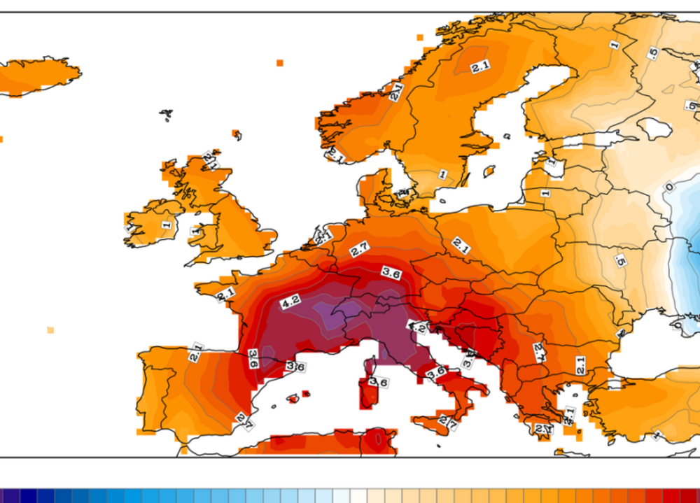 Europakarte zeigt hohe Temperaturen an