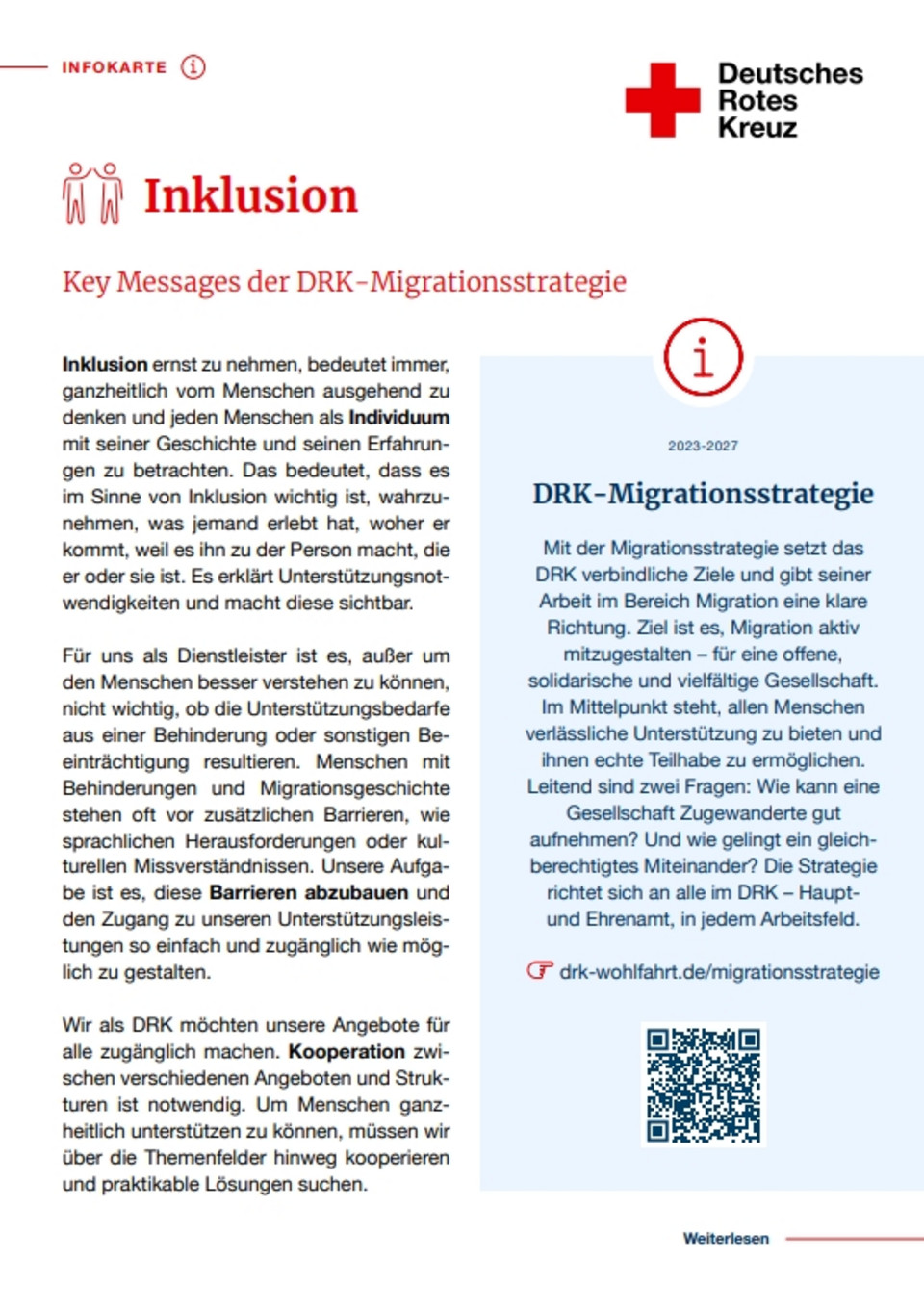Informationskarte des Deutschen Roten Kreuzes zur Inklusion im Rahmen der DRK-Migrationsstrategie mit Text und Logo des Deutschen Roten Kreuzes.