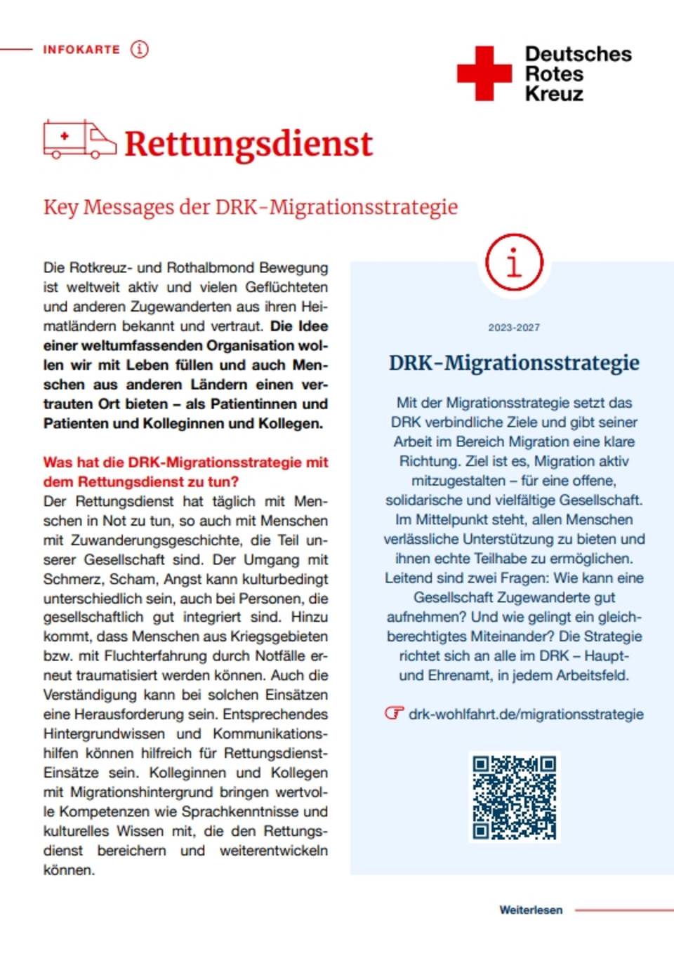 Infokarte des Deutschen Roten Kreuzes zum Rettungsdienst mit Fokus auf die DRK-Migrationsstrategie 2023-2027.