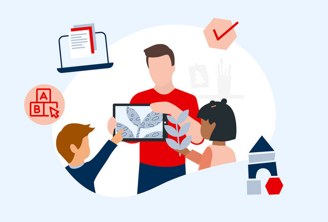 Illustration zeigt eine erwachsene Person, die ein Tablet mit einer Pflanze darauf hält, während zwei Kinder darauf zeigen, umgeben von Symbolen wie einem Laptop, einem Häkchen und Bauklötzen.