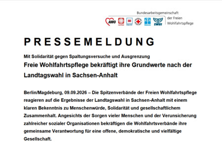 Pressemitteilung der Freien Wohlfahrtspflege mit Logos der Mitglieder, Überschrift und Text zur Landtagswahl in Sachsen-Anhalt 2026