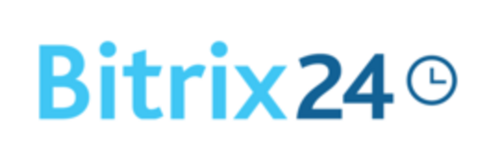 Das Logo von Bitrix24 in blauer Schrift auf weißem Grund mit einer kleinen Uhr dahinter.