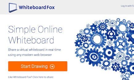 Screenshot der Webseite. Oben der Name. In der Mitte steht "Simple Online Whiteboard" Recht davon ein blaues Gehirn aus Zahnrädern.