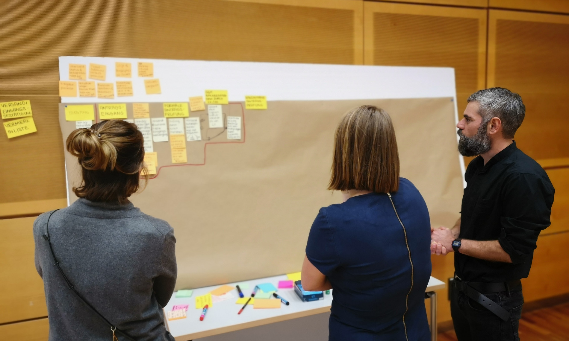 Drei Personen stehen vor einem langen brauen Papier, auf dem sie mit Post-Its den Pfad eines Prozesses darstellen.