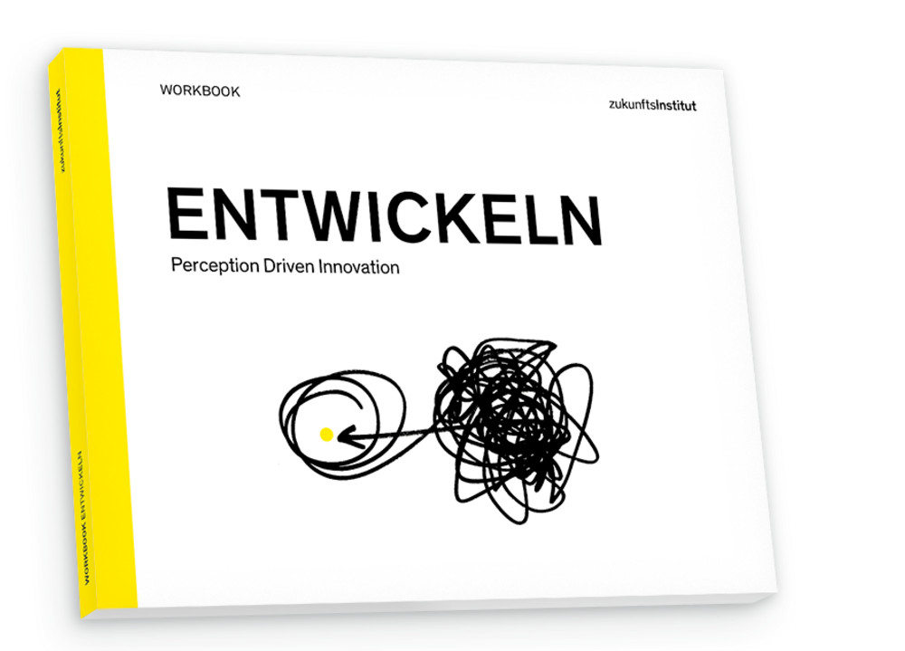 Querformatiges Workbook mit weißem Umschlag, gelbem Buchrücken und Titel 'ENTWICKELN' sowie Untertitel 'Perception Driven Innovation' und einer schwarzen und gelben Linienzeichnung auf der Vorderseite.