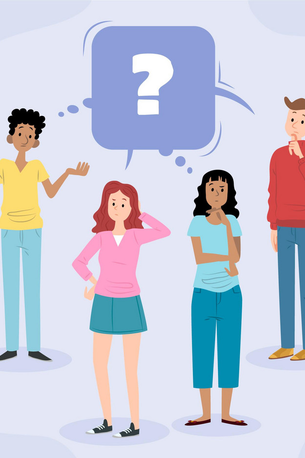 4 people standing and wondering a questionmark in a speech bubble hovering over them