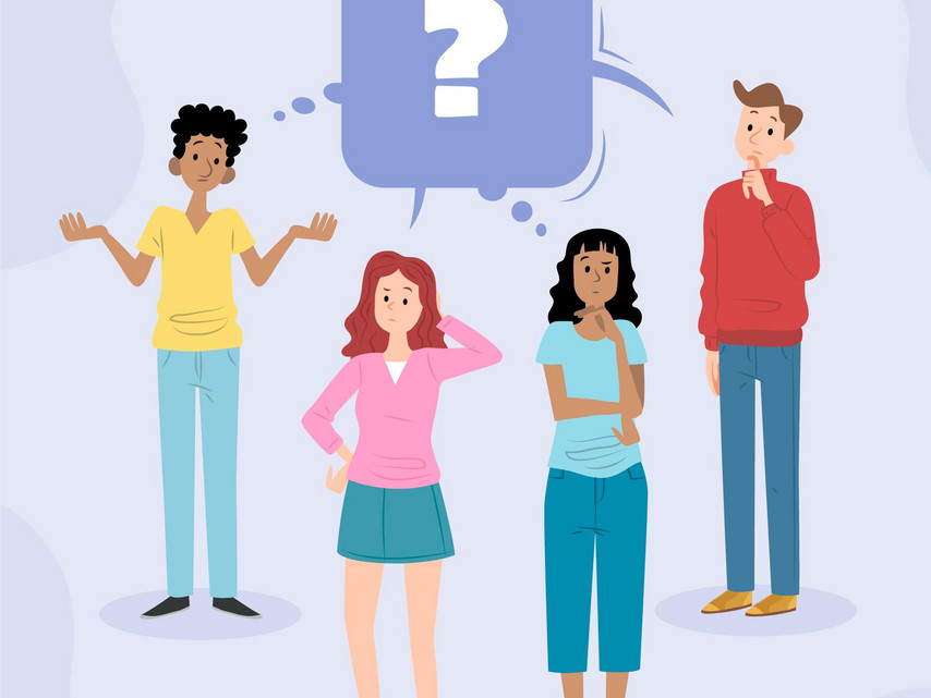 4 people standing and wondering a questionmark in a speech bubble hovering over them