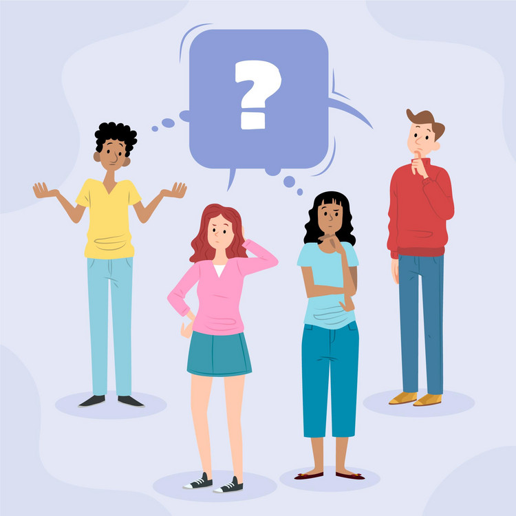 4 people standing and wondering a questionmark in a speech bubble hovering over them