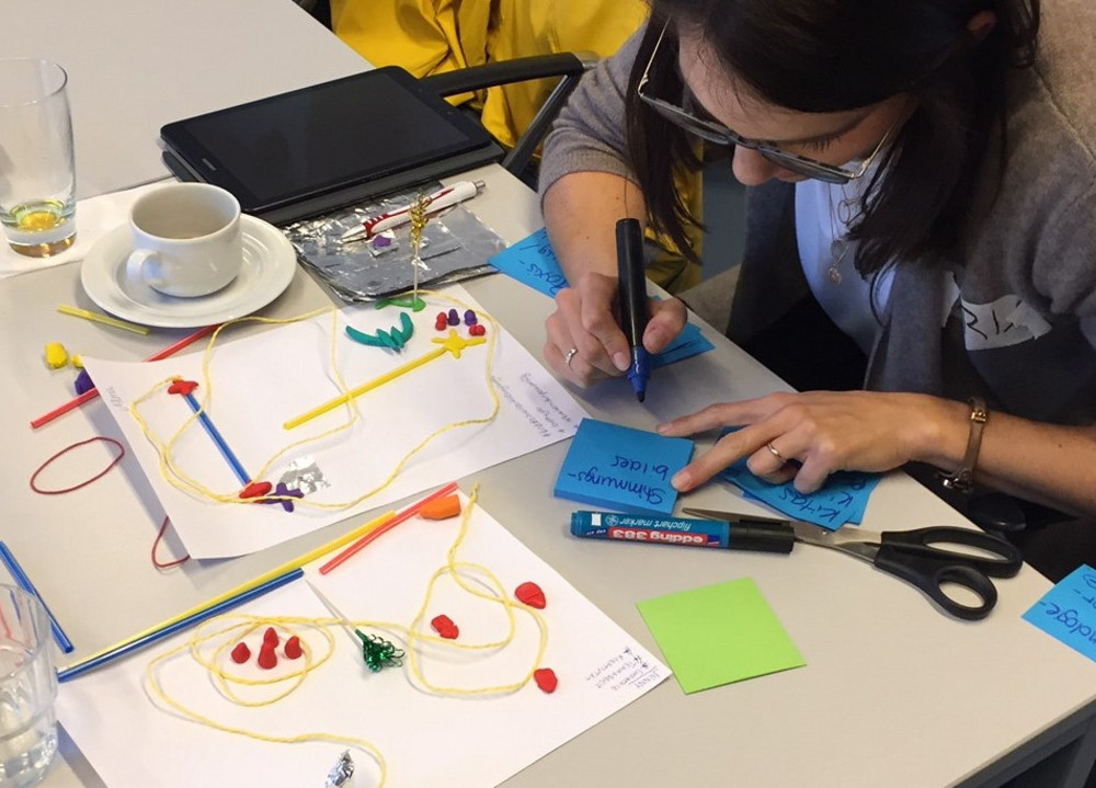 Person schreibt auf blaue Notizzettel neben einem Tisch mit Prototypen aus Papier, Drähten und Spielfiguren.