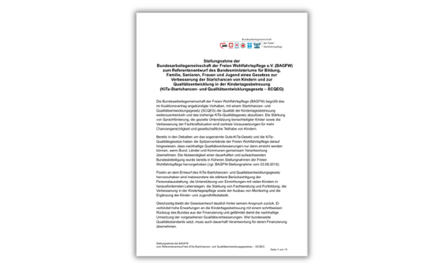Titelseite der Stellungnahme der Bundesarbeitsgemeinschaft der Freien Wohlfahrtspflege e. V. (BAGFW) zum geplanten Startchancen- und Qualitätsentwicklungsgesetz