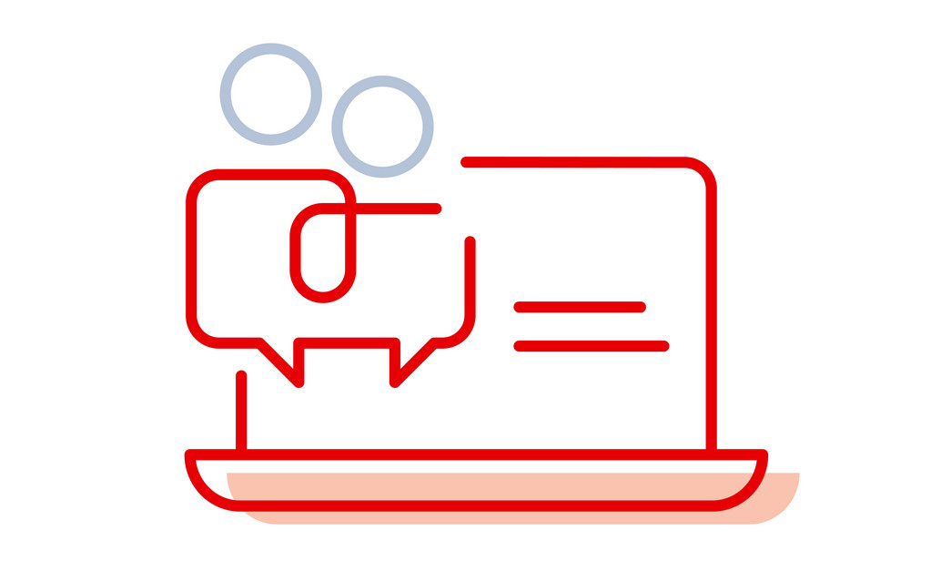 Man sieht einen roten Laptop dessen linke Ecke ein Symbol aus zwei miteinander verbundenen Sprechblasen und darüber zwei Kreisen überdeckt, was zwei Personen darstellen soll. 