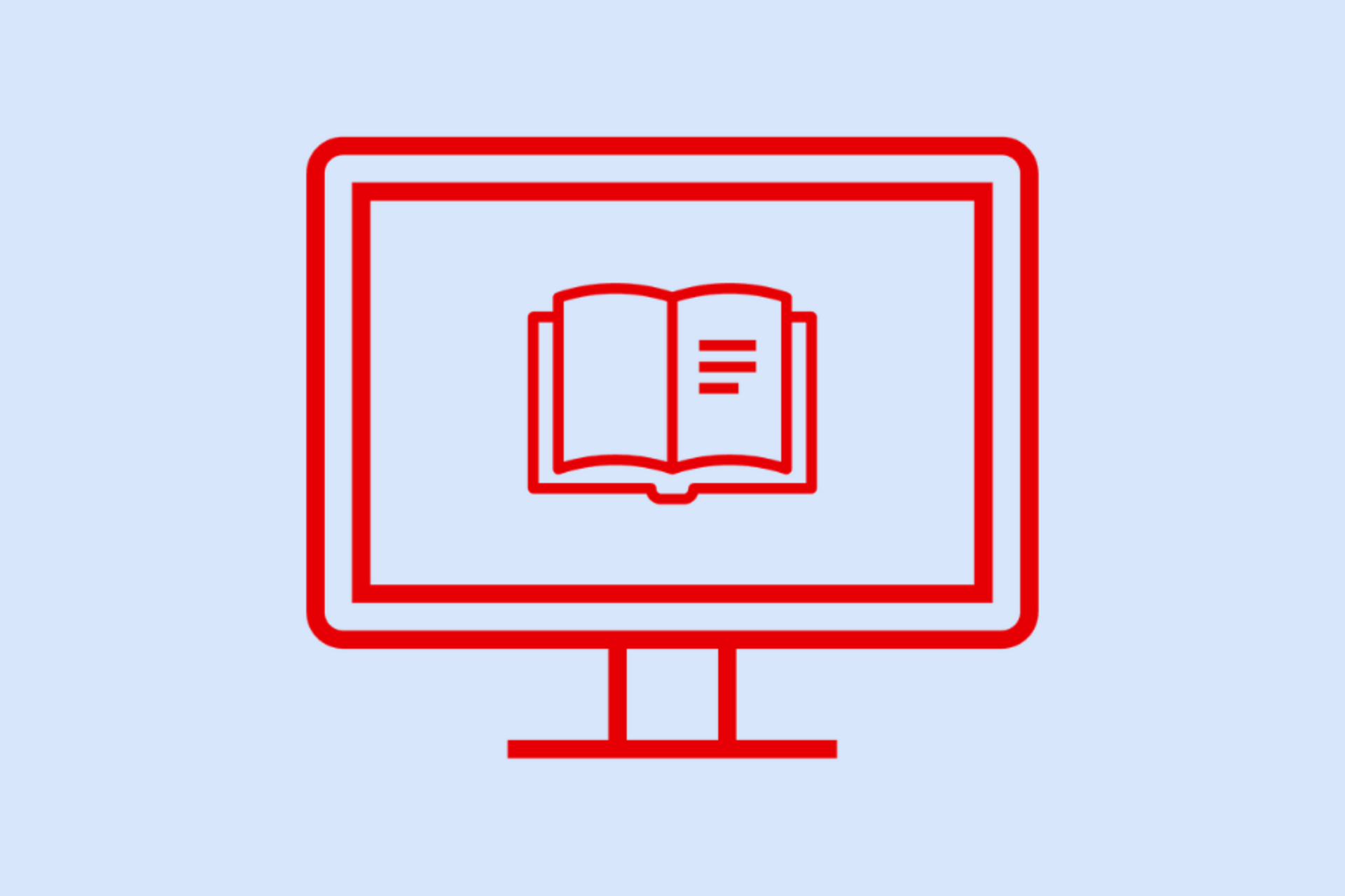 Roter Umriss eines Monitors mit einem aufgeschlagenen Buch als Symbol auf dem Bildschirm vor hellblauem Hintergrund