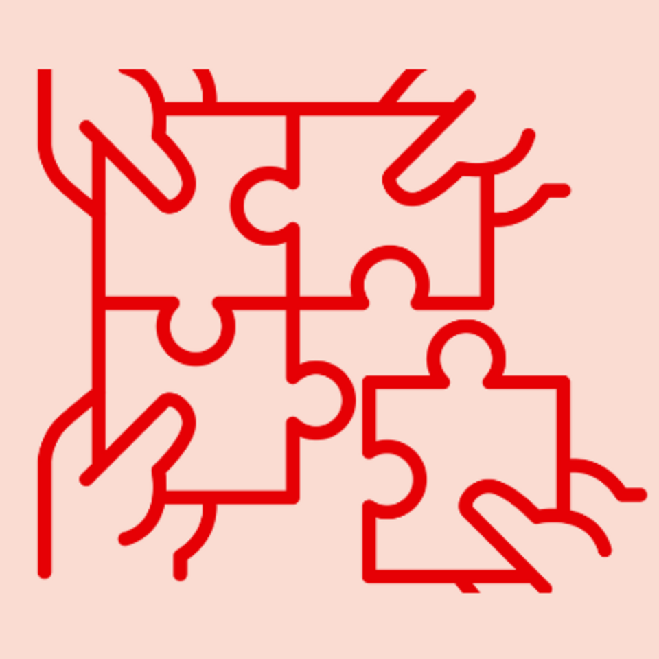 Piktogramm mit vier Händen, die vier Puzzleteile zusammenfügen.