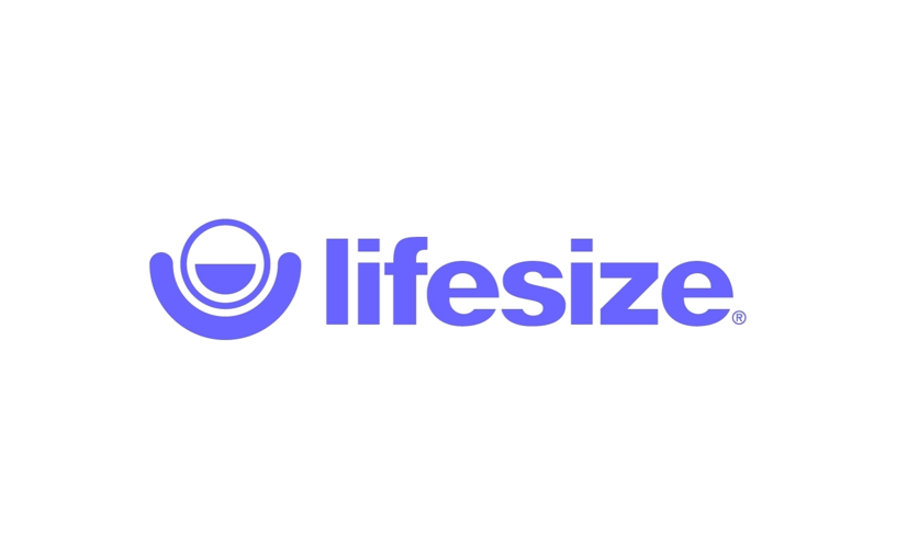 Links ein Piktogram eines lachendes Gesichts. Recht steht "lifesize". Alles in Lila.