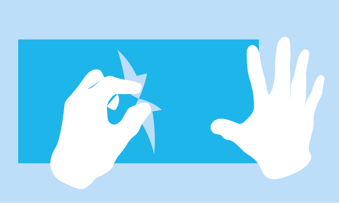 Zwei grafisch abgebildete weiße Hände bewegen mit ihren Fingern auf einem blauen Hintergrund zwei Pfeile.